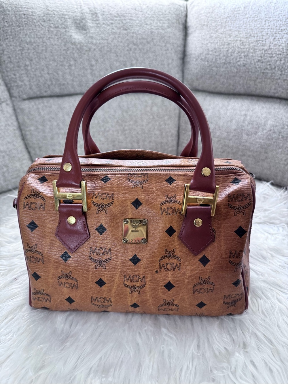 MCM Cognac Visetos Boston Bag